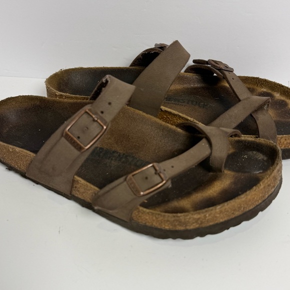 BIRKENSTOCK Mayari Slide Sandal Size 6 37 Brown Leather Adjustable Buckle Loop - Picture 2 of 10